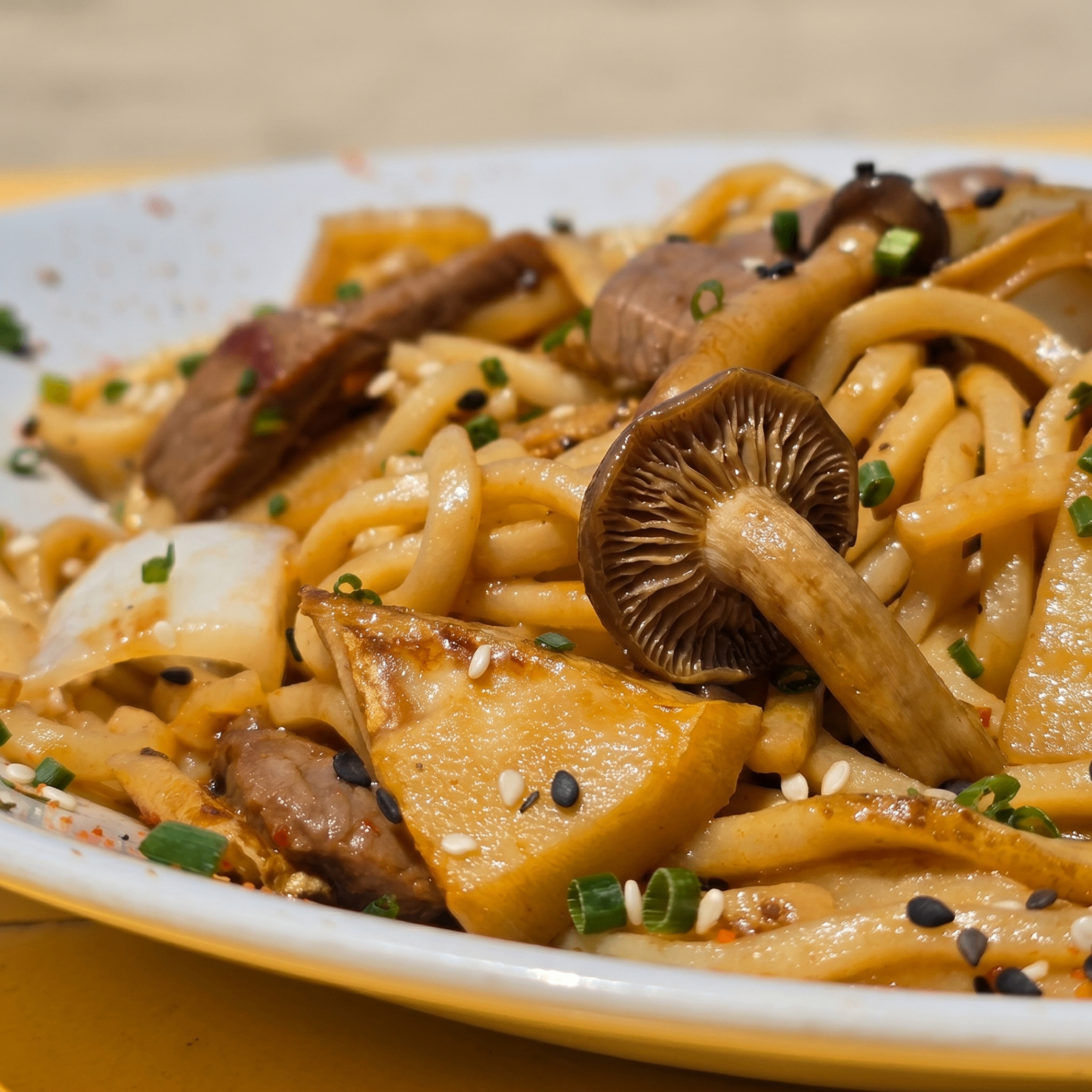 Fideos con bambú, setas y ternera
